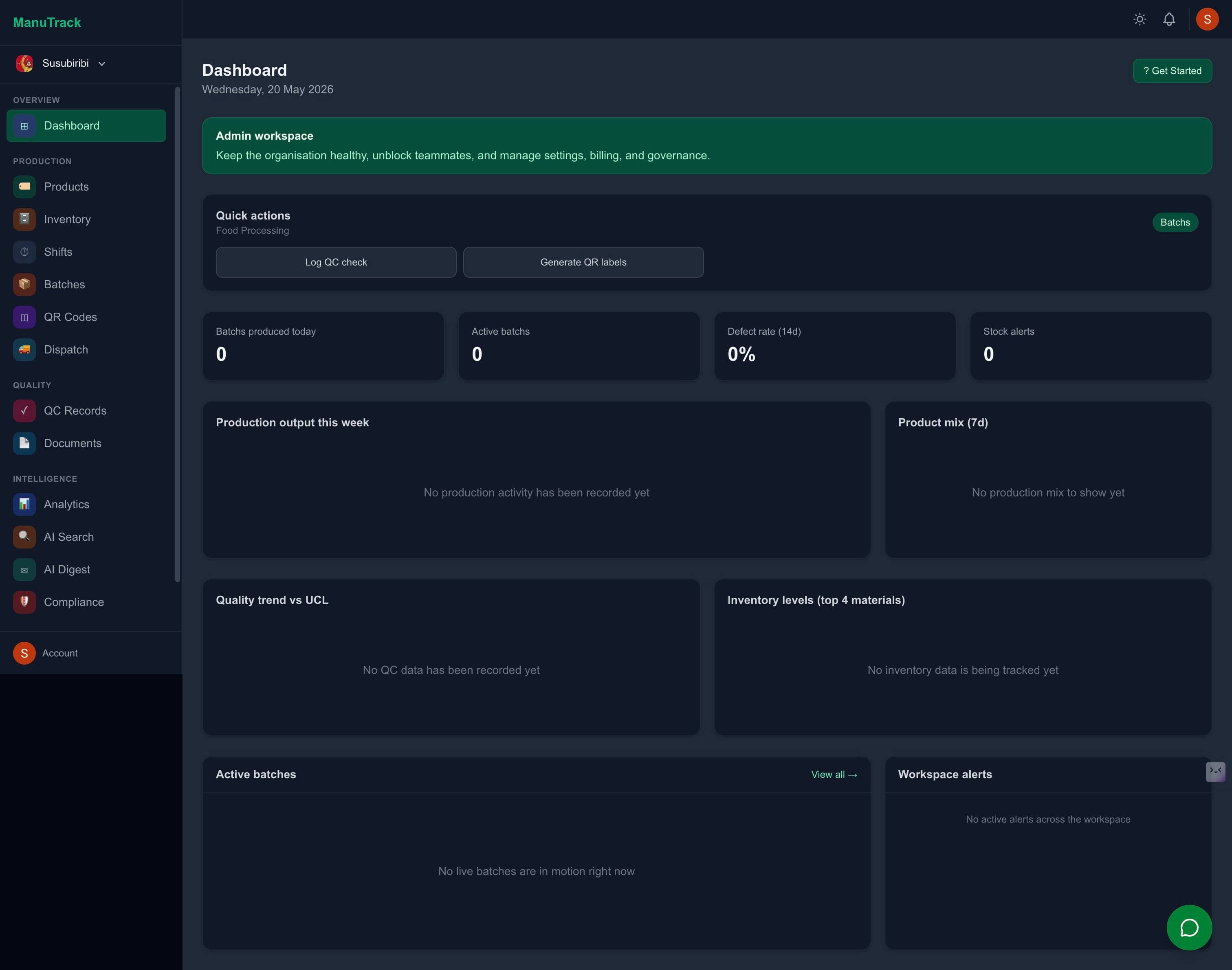 ManuTrack dashboard showing production batches, quality checks, and operational metrics